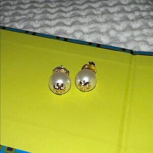 Elegant Gold and White Pearl Tory Burch Stud Earrings